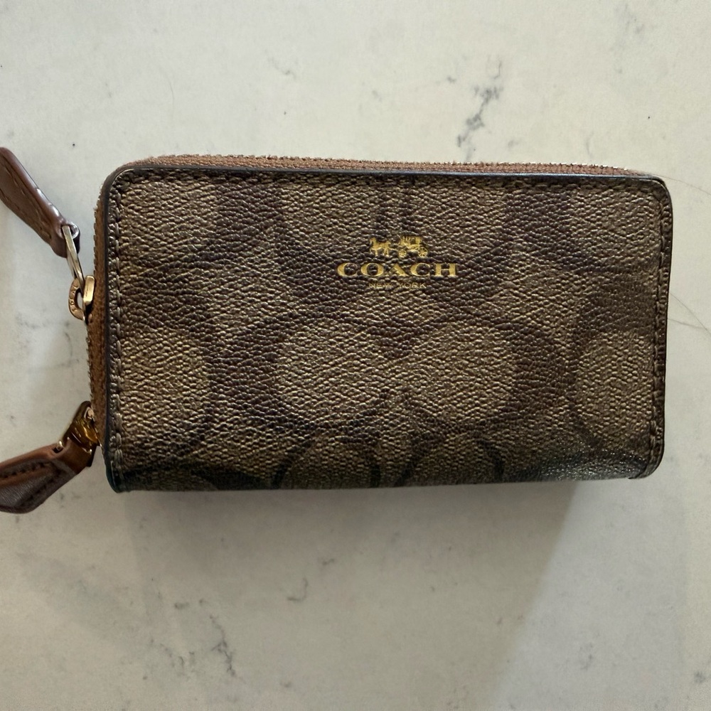 Coach Brown Signature Double Zip Card Case